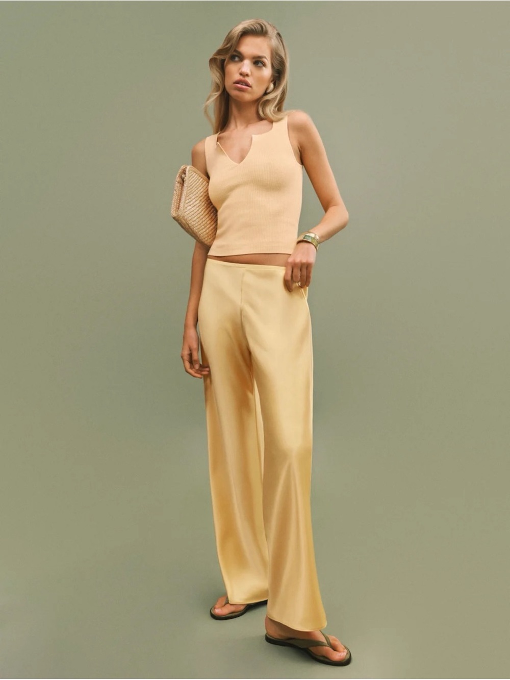 Reformation Satin Wide-Leg Pants in Butter Yellow